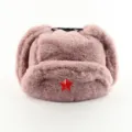 Pink faux fur ushanka hat with red star badge, warm winter bomber hat for outdoor cold weather. - One Size / Pink + Red Star