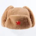Faux rabbit fur ushanka hat with red star badge, warm winter trapper cap for outdoor cold. - One Size / Camel + Red Star