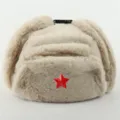 Faux Fur Ushanka Trapper Hat Winter Warm Ski Cap with Red Star Badge for Outdoor Cold Weather - One Size / Khaki + Red Star