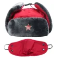 Sowjet Stil Ushanka Bombermuete mit Gesichtsmaske Winter dicker warmer winddichter Hut. - Einheitsgröße / Maske Rot + Hammer und Sichel Stern
