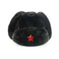 Black faux fur ushanka hat with red star badge, winter warm trooper hat with earflaps for cold weather - One Size / Black + Red Star