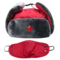 Rote Winter Uschanka Mütze mit grauem Kunstfell Ohrenklappen, winddichte warme Mütze - Einheitsgröße / Maske Rot + Roter Stern