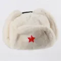 White faux rabbit fur ushanka hat with red star badge, warm winter trapper cap for outdoor. - One Size / Beige + Red Star