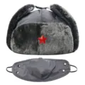 Winter warme Uschanka Mütze mit rotem Stern Abzeichen, dicke winddichte Ohrenklappen Mütze. - Einheitsgröße / Maske Grau + Roter Stern