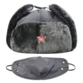 Graue Winter Ushanka Trappermütze mit sowjetischem Stern Abzeichen und abnehmbarer Maske. - Einheitsgröße / Maske Grau + Hammer und Sichel Stern