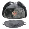 Dicke warme russische Uschanka-Mütze mit abnehmbarer Maske und Doppeladler-Abzeichen. - Einheitsgröße / Maske Grau + Doppeladler Abzeichen