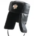 Black PU leather ushanka winter hat with faux fur lining and golden double headed eagle emblem. - M (55-58cm) / Thickened PU Style + Double-Headed Eagle Emblem