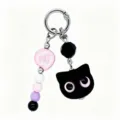 Cute flocked black cat keychain charm with colorful beads and metal clasp detailed view. - Black Cat (YS-A260040E)