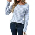 Blue and white striped crew neck long sleeve sweater casual loose knit pullover top for women - S / Tops / Blue
