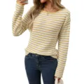 Women's yellow and white striped crew neck casual loose long sleeve knitted sweater top. - S / Tops / Yellow