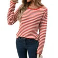 Red and white striped long sleeve knit sweater women casual crewneck pullover top. - S / Tops / Red