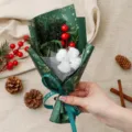 Christmas DIY dried flower bouquet cotton red berries rose gift detail view with ribbon - Green Rose Cotton Red Berry Bouquet