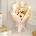 Valentine soap rose sunflower bouquet with LED fairy lights, romantic gift for girlfriend. - Baby's Breath + 3 Flowers Bouquet Gift Bag with Light / Pink Sunflower