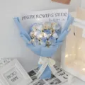Stunning blue soap rose artificial flower bouquet with fairy lights for romantic gifts. - Gypsophila + 11 Roses [Ice Blue] with Light Gift Bag