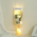 Handheld gift bag soap rose dried flower bouquet with warm LED string lights for romantic events. - Baby's Breath + 2 Roses [Champagne] with Light Gift Bag