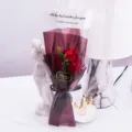 Close-up detail shot of red rose soap flower gift bag with elegant wrapping ribbon. - 3 Roses with Gift Bag / Red