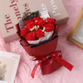 Mini red soap rose bouquet with dried baby's breath, perfect romantic gift for Valentine's Day. - Red