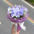 Purple soap rose mini bouquet decorated with white baby's breath, elegant gift wrapping. - Lilac Purple