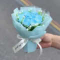 Mini blue soap rose bouquet detail, romantic Valentine's gift with ribbon and wrapping. - Ice Blue