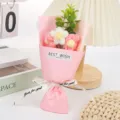 Handcrafted crochet knitted mini flower bouquet with pink wrapping paper and gift ribbon. - Height approx 15cm / Pink