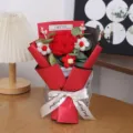 Handmade crochet rose bouquet with ribbon wrapping, romantic floral gift for lovers and friends. - Red Rose