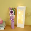 Handmade crochet wool rose flower bouquet with LED fairy lights and gift bag for gift. - 3 Pcs with Lights Window Bag / Purple Rose