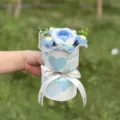 Handmade crochet flower bouquet in gift box, blue knit roses with lovely heart package. - 6-Flower Bouquet / Blue Rose