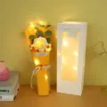 Handmade crochet flower bouquet with fairy lights and gift bag, romantic gift for her. - 3 Pcs with Lights Window Bag / Yellow Rose