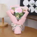 Handcrafted knitted rose flower bouquet in pink wrapper with glass vase for romantic gift. - Pink Rose