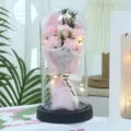 LED soap rose flower bouquet in glass dome gift for Valentine's Day birthday home decor - 7-Flower Pearl Yarn LED Gift Bag Style / Pink