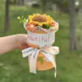 Handmade crochet sunflower bouquet gift with beautiful orange wrapping and ribbon. - 6-Flower Bouquet / Sunflower