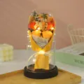 Glass dome rose soap flower bouquet with LED light romantic gift for Valentine birthday - Lighted 7 Roses [Champagne Orange]