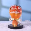 Preserved rose flower bouquet inside clear glass dome with led lights valentine gift - 9 Roses Glass Cover with LED Lights and Handbag / Sunset Orange