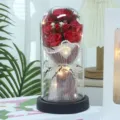 Detailed view of the LED rose soap flower bouquet in a glass dome, romantic gift for lovers. - 7-Flower Pearl Yarn LED Gift Bag Style / Bright Red