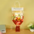 Handmade crochet sunflower bouquet in clear gift bag with LED fairy lights detail display. - 5 Pcs with Lights Gift Bag / Red Sunflower