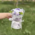 Handmade crochet flower bouquet in gift box with ribbon, perfect romantic gift for Valentine. - 6-Flower Bouquet / Purple Rose
