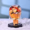 Close-up of glowing rose bouquet in glass dome with fairy lights for romantic home decor. - 9 Roses Glass Cover with LED Lights and Handbag / Champagne Orange