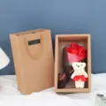 Detail view of red soap rose flower bouquet gift box with cute teddy bear and paper bag. - 7 Flowers Gift Box with Bear / Bright Red