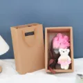 Valentine soap rose bouquet gift box with cute bear and kraft paper bag for romantic events. - 7 Flowers Gift Box with Bear / Pink
