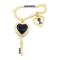Gold plated safety pin brooch with heart key charm and blue cubic zirconia stones for DIY jewelry. - Safety Pin Blue Heart Key Pendant (#3) / Gold
