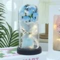 LED blue artificial rose flower in glass dome with fairy string light for romantic gift - 7-Flower Pearl Yarn LED Gift Bag Style / Ice Blue
