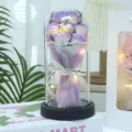 Purple soap rose flower bouquet in glass dome with LED lights romantic gift for her gift - 7-Flower Pearl Yarn LED Gift Bag Style / Lilac Purple