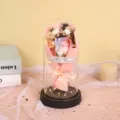 Glass dome immortal rose soap flower gift with LED string lights for romantic Valentine day - Pink Snow Mountain