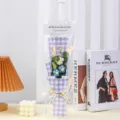 Handcrafted crochet flower bouquet in clear gift bag with LED lights and purple plaid wrap. - With LED Light / Blue