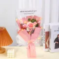 Handmade knitted rose bouquet gift set with transparent bag and cozy LED fairy lights. - 6 Pcs with Lights Gift Bag / Pink Rose