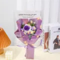Handmade Crochet Purple Rose Flower Bouquet in Clear Gift Bag with Fairy Lights Variant - 6 Pcs with Lights Gift Bag / Purple Rose
