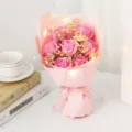 Pink soap rose bouquet with gypsophila and fairy lights romantic gift for Valentine Day. - Medium Pink