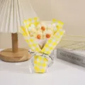 Handmade knitted puff flower bouquet in yellow plaid wrapping, perfect cute gift for occasions. - Yellow