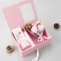 Pink gift box set with soap rose flower bouquet and scented reed diffuser for romantic occasions. - Elegant Pink Aromatherapy Gift Box / Pink