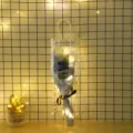 Transparent gift bag blue soap rose flower bouquet with string lights for romantic Valentine day. - Medium 3 Roses [Blue] with Light Gift Bag